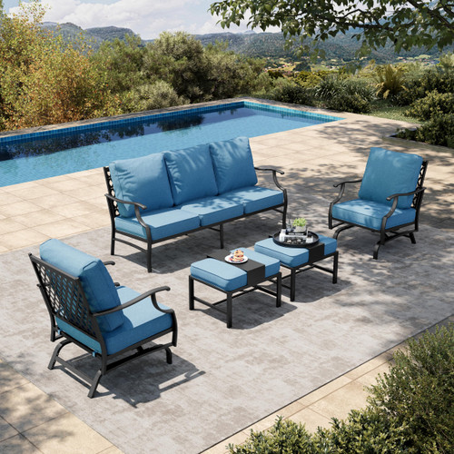 5 Pieces Patio Furniture Set, 2 x Rocking Chair, 2 x Ottoman, 1 x 3-Seat Sofa, All Cushioned 7 Seats Metal Outdoor Conversation Set for Lawn Garden Backyard