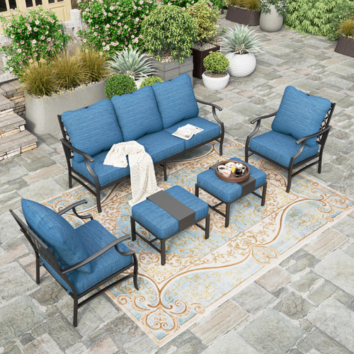 5 Piece Patio Furniture Set, 2 x Leg Chair, 2 x Ottoman, 1 x 3-Seat Sofa, All Cushioned 7 Seats Metal Outdoor Conversation Set for Lawn Garden Backyard!!!