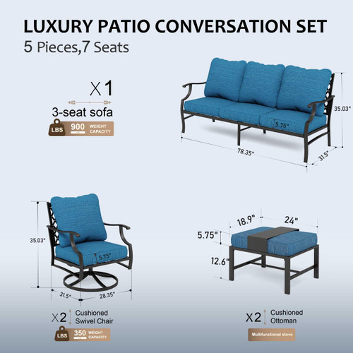5 Piece Patio Furniture Set, 2 x Swivel Chair, 2 x Ottoman, 1 x 3-Seat Sofa, All Cushioned 7 Seats Metal Outdoor Conversation Set for Lawn Garden Backyard!!