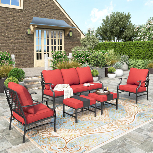 5 Piece Patio Furniture Set, 2 x Leg Chair, 2 x Ottoman, 1 x 3-Seat Sofa, All Cushioned 7 Seats Metal Outdoor Conversation Set for Lawn Garden Backyard!!!!!