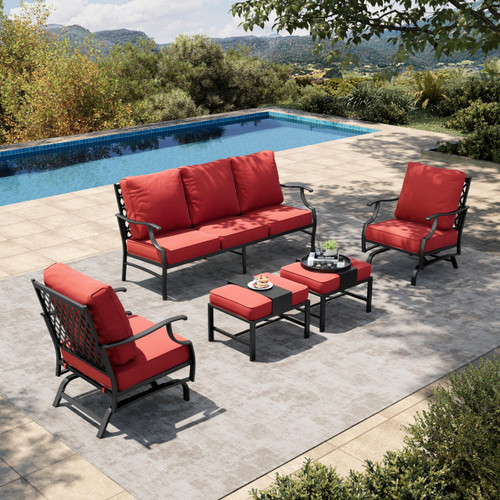 5 Pieces Patio Furniture Set, 2 x Rocking Chair, 2 x Ottoman, 1 x 3-Seat Sofa, All Cushioned 7 Seats Metal Outdoor Conversation Set for Lawn Garden Backyard!!!