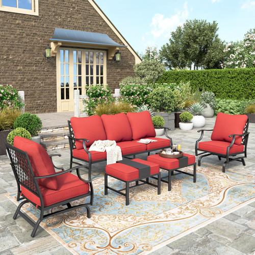 5 Pieces Patio Furniture Set, 2 x Rocking Chair, 2 x Ottoman, 1 x 3-Seat Sofa, All Cushioned 7 Seats Metal Outdoor Conversation Set for Lawn Garden Backyard!!!