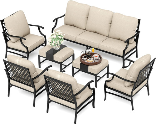 7 Piece Patio Furniture Set, 4 x Fixed Metal Cushioned Chair, 2 x Cushioned Ottoman, 1 x 3-Seat Sofa, Outdoor Conversation Set for Lawn Garden Backyard Poolside