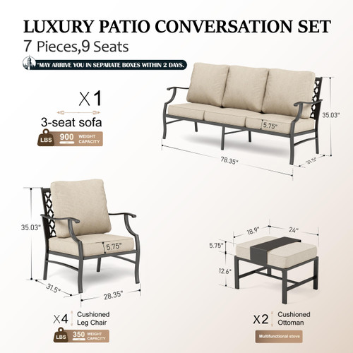 7 Piece Patio Furniture Set, 4 x Fixed Metal Cushioned Chair, 2 x Cushioned Ottoman, 1 x 3-Seat Sofa, Outdoor Conversation Set for Lawn Garden Backyard Poolside