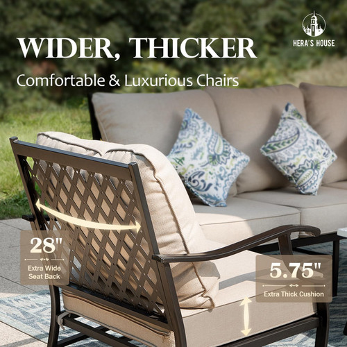 7 Piece Patio Furniture Set, 4 x Fixed Metal Cushioned Chair, 2 x Cushioned Ottoman, 1 x 3-Seat Sofa, Outdoor Conversation Set for Lawn Garden Backyard Poolside