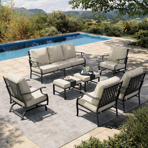 7 Piece Patio Furniture Set, 2 x Rocking Chair, 2 x Fixed Chair, 2 x Ottoman, 1 x 3-Seat Sofa, All Cushioned 9 Seats Outdoor Conversation Set for Lawn Garden Backyard