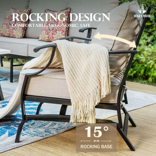 7 Piece Patio Furniture Set, 2 x Rocking Chair, 2 x Fixed Chair, 2 x Ottoman, 1 x 3-Seat Sofa, All Cushioned 9 Seats Outdoor Conversation Set for Lawn Garden Backyard