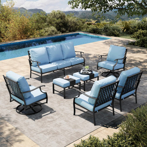 7 Piece Patio Furniture Set, 2 x Swivel Chair, 2 x Fixed Chair, 2 x Ottoman, 1 x 3-Seat Sofa, All Cushioned Outdoor Conversation Set for Lawn Garden Backyard, Blue