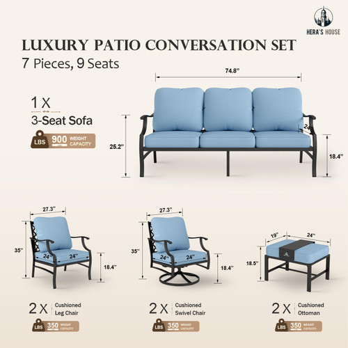 7 Piece Patio Furniture Set, 2 x Swivel Chair, 2 x Fixed Chair, 2 x Ottoman, 1 x 3-Seat Sofa, All Cushioned Outdoor Conversation Set for Lawn Garden Backyard, Blue