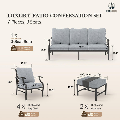 7 Piece Patio Furniture Set, 4 x Metal Cushioned Chair, 2 x Cushioned Ottoman, 1 x 3-Seat Sofa, Outdoor Conversation Set for Lawn Garden Backyard, Grey