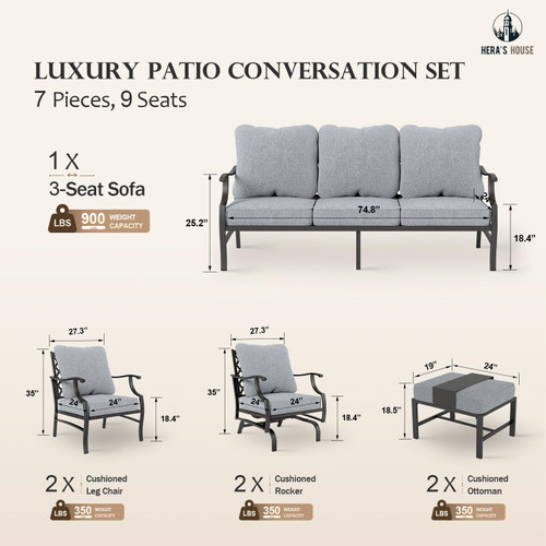 7 Piece Patio Furniture Set, 2 x Rocking Chair, 2 x Fixed Chair, 2 x Ottoman, 1 x 3-Seat Sofa, All Cushioned 9 Seats Outdoor Conversation Set for Lawn Garden Backyard, Grey