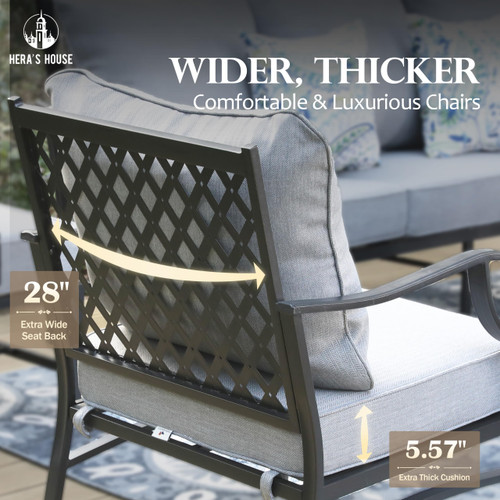 7 Piece Patio Furniture Set, 2 x Rocking Chair, 2 x Fixed Chair, 2 x Ottoman, 1 x 3-Seat Sofa, All Cushioned 9 Seats Outdoor Conversation Set for Lawn Garden Backyard, Grey