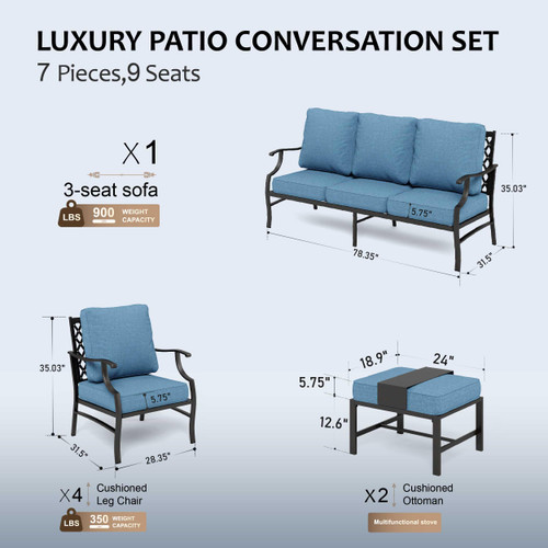 7 Piece Patio Furniture Set, 4 x Leg Chair, 2 x Cushioned Ottoman, 1 x 3-Seat Sofa, All Cushioned 9 Seats Metal Outdoor Conversation Set for Lawn Garden Backyard