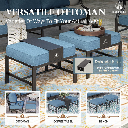 7 Piece Patio Furniture Set, 2 x Rocking Chair, 2 x Fixed Chair, 2 x Ottoman, 1 x 3-Seat Sofa, All Cushioned 9 Seats Metal Outdoor Conversation Set for Lawn Garden Backyard