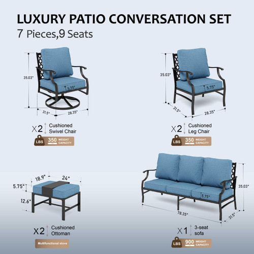 7 Piece Patio Furniture Set, 2 x Swivel Chair, 2 x Leg Chair, 2 x Ottoman, 1 x 3-Seat Sofa, All Cushioned 9 Seats Metal Outdoor Conversation Set for Lawn Garden Backyard