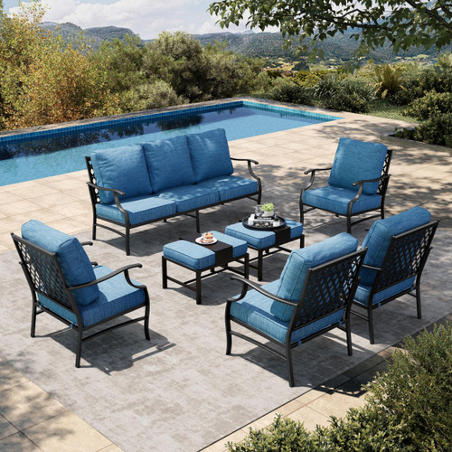 7 Piece Patio Furniture Set, 4 x Leg Chair, 2 x Cushioned Ottoman, 1 x 3-Seat Sofa, All Cushioned 9 Seats Metal Outdoor Conversation Set for Lawn Garden Backyard!