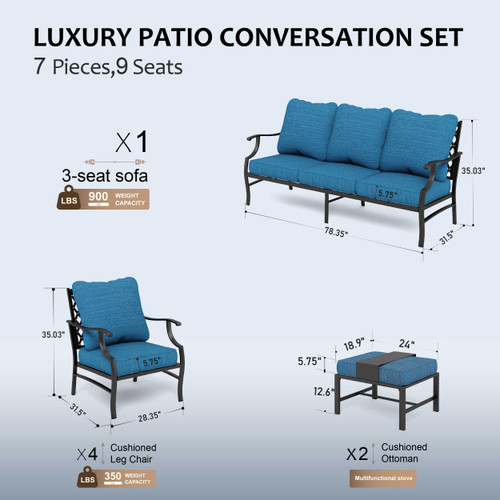 7 Piece Patio Furniture Set, 4 x Leg Chair, 2 x Cushioned Ottoman, 1 x 3-Seat Sofa, All Cushioned 9 Seats Metal Outdoor Conversation Set for Lawn Garden Backyard!