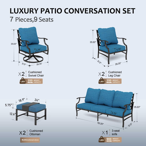 7 Piece Patio Furniture Set, 2 x Swivel Chair, 2 x Leg Chair, 2 x Ottoman, 1 x 3-Seat Sofa, All Cushioned 9 Seats Metal Outdoor Conversation Set for Lawn Garden Backyard.