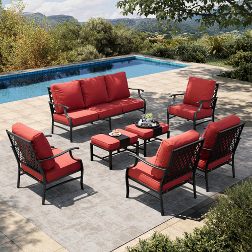 7 Piece Patio Furniture Set, 4 x Leg Chair, 2 x Cushioned Ottoman, 1 x 3-Seat Sofa, All Cushioned 9 Seats Metal Outdoor Conversation Set for Lawn Garden Backyard.!