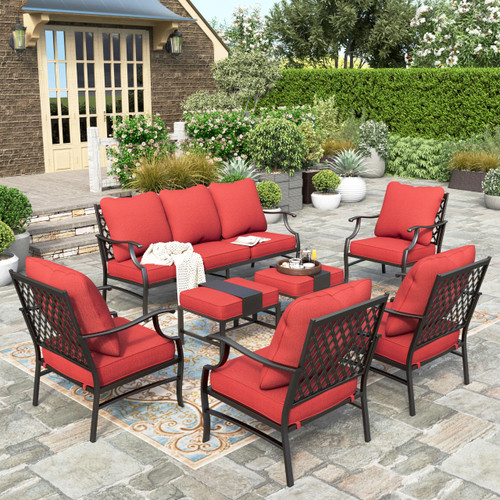 7 Piece Patio Furniture Set, 4 x Leg Chair, 2 x Cushioned Ottoman, 1 x 3-Seat Sofa, All Cushioned 9 Seats Metal Outdoor Conversation Set for Lawn Garden Backyard.!