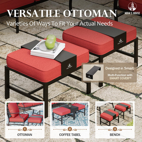 7 Piece Patio Furniture Set, 2 x Swivel Chair, 2 x Leg Chair, 2 x Ottoman, 1 x 3-Seat Sofa, All Cushioned 9 Seats Metal Outdoor Conversation Set for Lawn Garden Backyardd