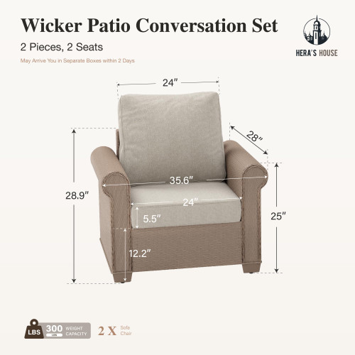 Patio Furniture Set, 2-Piece Outdoor Wicker Chairs with Widened 5.9" Armrests and 5.5" Thick Waterproof Cushions, All Weather Conversation Set for Lawn Backyard Garden, Beige