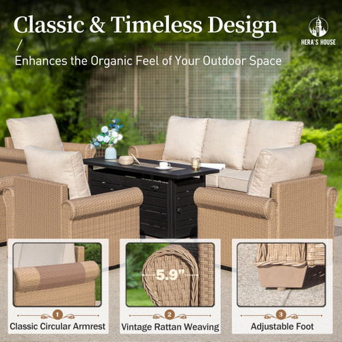 4-Piece Patio Furniture Set, All Weather 5 Seats Outdoor Wicker Sofa with 44" Coffee Table, 5.5" Thick Waterproof Cushion Conversation Couch Set for Garden Deck Backyard, Beige