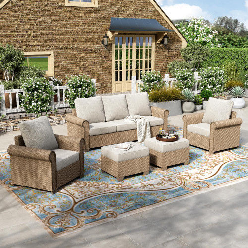 5 Pieces Patio Furniture Set, All Weather 7 Seats Outdoor Wicker Sofa with Ottoman, 5.5" Thick Waterproof Cushion Conversation Set for Garden Deck Backyard, Beige