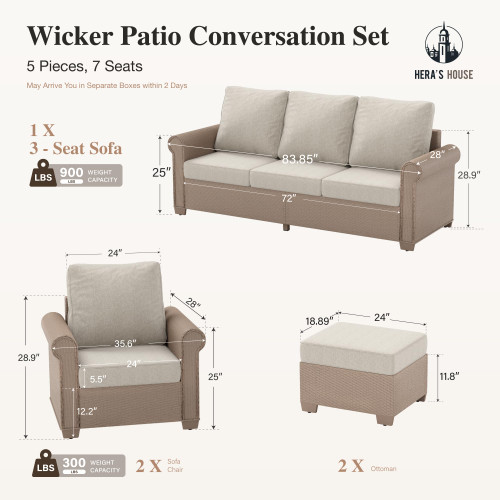 5 Pieces Patio Furniture Set, All Weather 7 Seats Outdoor Wicker Sofa with Ottoman, 5.5" Thick Waterproof Cushion Conversation Set for Garden Deck Backyard, Beige
