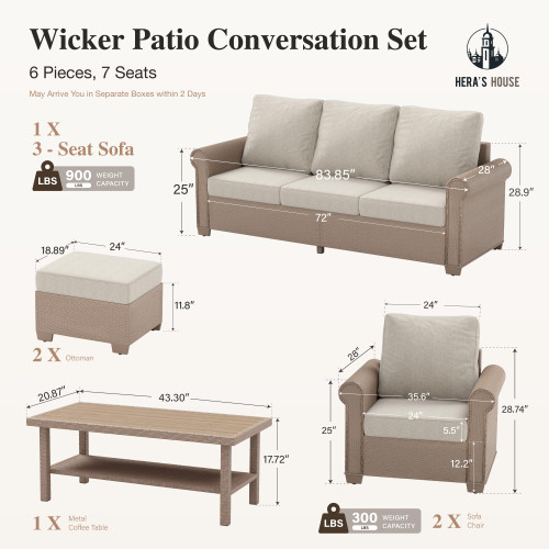 6-Piece Patio Furniture Set, All Weather 7 Seats Outdoor Wicker Sofa with Ottomans, Rattan Patio Conversation Set with 5.5" Cushions and 44" Coffee Table, Beige