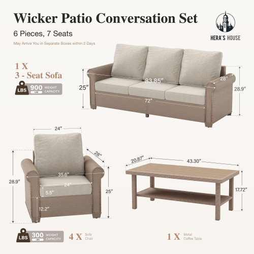 6 Pieces Patio Furniture Sets, Outdoor Rattan Furniture with 5.5" Cushions, Oversized Outdoor Wicker Sectional Conversation Set for Lawn Garden Backyard, Beige