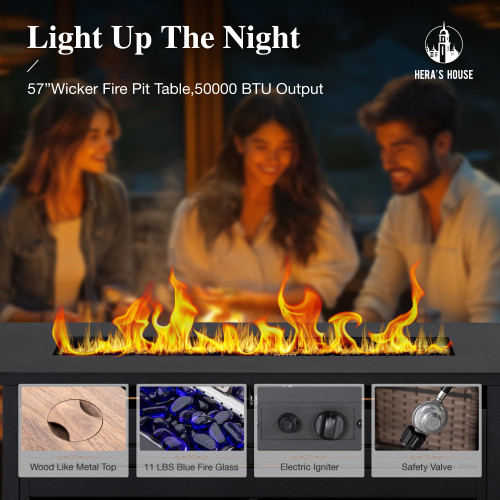 6-Piece Patio Furniture Set, All Weather 7 Seats Outdoor Wicker Sofa with 57" Fire Pit Table, 5.5" Thick Waterproof Cushion Conversation Couch Set for Garden Deck Backyard, Beige