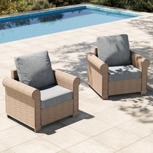 Patio Furniture Set, 2 Pieces Outdoor Wicker Chairs with Widened 5.9" Armrests and 5.5" Thick Waterproof Cushions, All Weather Conversation Set for Lawn Backyard Garden, Grey