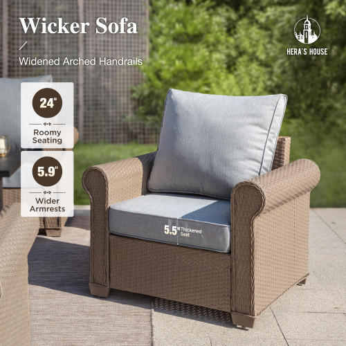 4 Pieces Patio Furniture Set, All Weather 5 Seats Outdoor Wicker Sofa with 44" Coffee Table, 5.5" Thick Waterproof Cushion Conversation Couch Set for Garden Deck Backyard, Grey