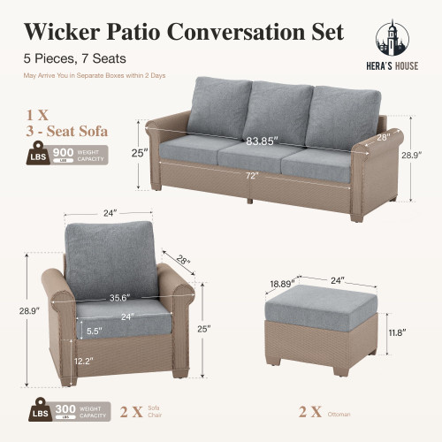 5-Piece Patio Furniture Set, All Weather 7 Seats Outdoor Wicker Sofa with Ottomans, Rattan Patio Conversation Set with 5.5" Thick Cushions and 44” Coffee Table, Grey