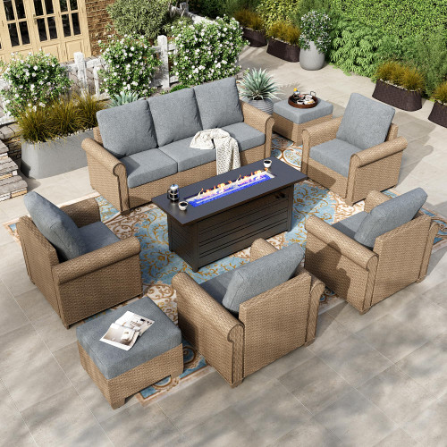 8-Piece Patio Furniture Set, All Weather 9 Seats Outdoor Wicker Sofa with Ottomans, Rattan Patio Conversation Set with 5.5" Cushions and 57" Fire Pit Table, Grey