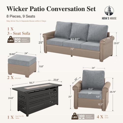8-Piece Patio Furniture Set, All Weather 9 Seats Outdoor Wicker Sofa with Ottomans, Rattan Patio Conversation Set with 5.5" Cushions and 57" Fire Pit Table, Grey