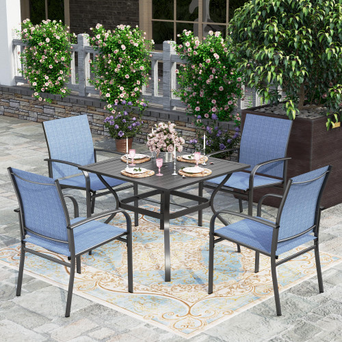 5 Pieces Patio Dining Set, Outdoor Table and Chairs Set for 4, 4 x Blue Textilene Dining Chair, 37" Square Metal Dining Table, for Lawn Garden Backyard Deck