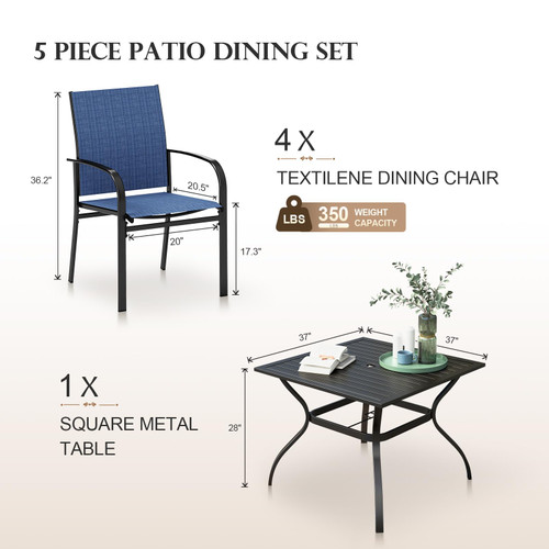5 Pieces Patio Dining Set, Outdoor Table and Chairs Set for 4, 4 x Blue Textilene Dining Chair, 37" Square Metal Dining Table, for Lawn Garden Backyard Deck