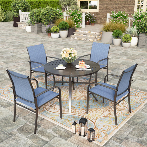 5 Pieces Patio Dining Set, 4 x Blue Textilene Dining Chair, 42" Metal Round Dining Table, Patio Table and Chairs Set for Lawn Garden Backyard Deck