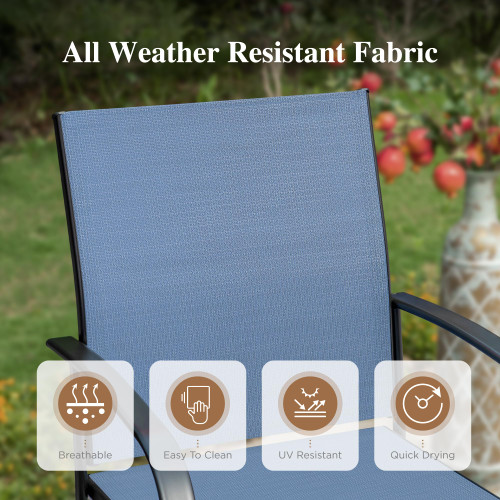 Outdoor Dining Set, Rectangle Metal Table with Double Umbrella Hole and 6 Armrest Chairs, Patio Table and Chairs for Backyard Garden Porch Deck (Blue)