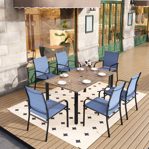 Patio Table and Chairs for 6, 7 Pieces Outdoor Deck Dining Sets, Wood-Like Rectangular Metal Table Set with Chairs for Lawn Garden Backyard, Blue