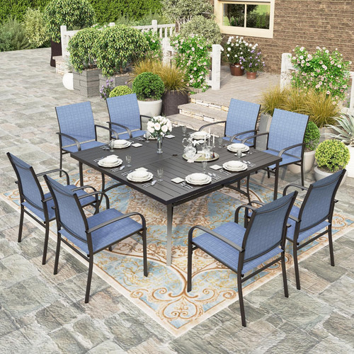 9 Pieces Patio Dining Sets, 8 x Blue Textilene Dining Chair, 60" Square Metal Dining Table with 1.57" Umbrella Hole, Outdoor Table and Chairs Set for Lawn Garden Backyard Deck