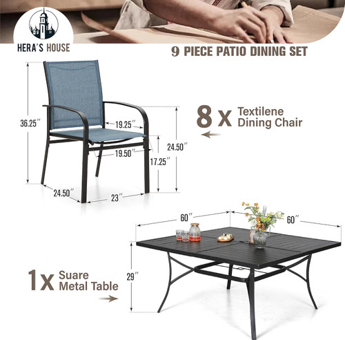 9 Pieces Patio Dining Sets, 8 x Blue Textilene Dining Chair, 60" Square Metal Dining Table with 1.57" Umbrella Hole, Outdoor Table and Chairs Set for Lawn Garden Backyard Deck