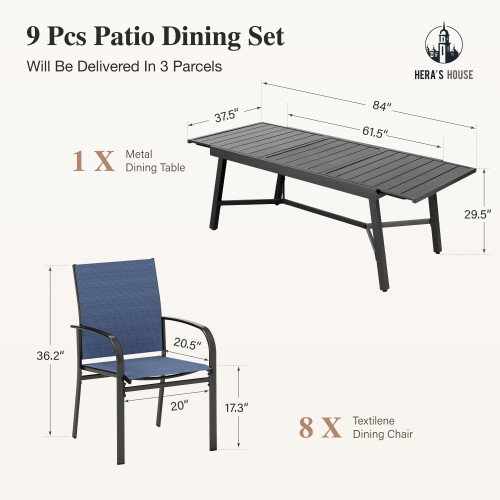 Extendable Patio Table and Chairs Set for 8, 9 Pieces Outdoor Dining Set, Rectangular Metal Dining Table with 8 x Chairs for Deck Lawn Garden Porch, Blue