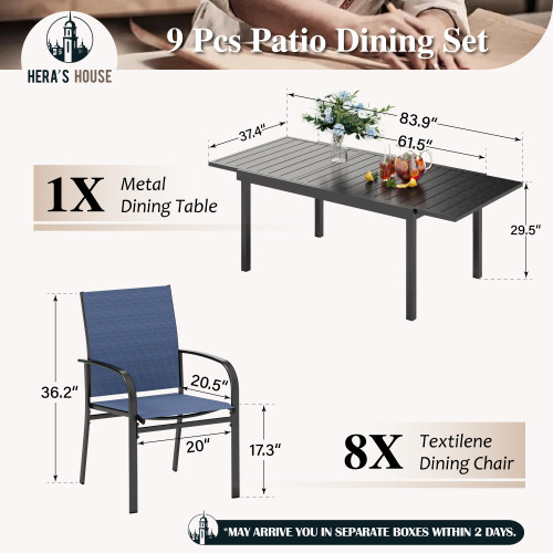 9 Pieces Outdoor Table and Chairs Set, 8 x Patio Chairs and 1 x Extendable Metal Dining Table for Lawn Garden Backyard Deck