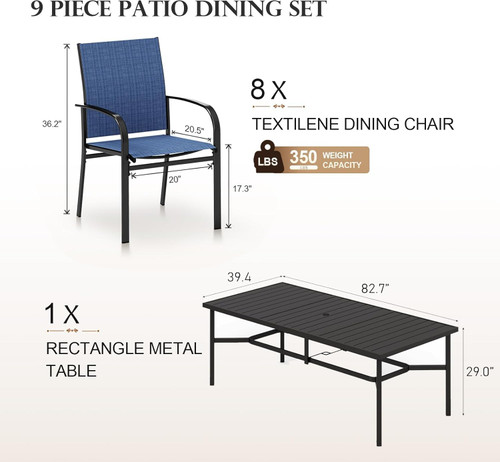 9 Pieces Outdoor Dining Set, Patio Table and Chairs Set for 8, 8 x Textilene Chairs and 1 x Large Rectangle Metal Table with Umbrella Hole for Deck Garden Backyard Lawn Poolside