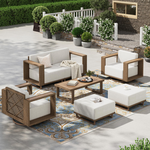 7 Pieces Patio Furniture Set, 2 Outdoor Sectional Rattan Sofas,2 Swivel Armchairs, 2 Ottomans, and 1 Table, All Weather Conversation Set with 5.3" Widened Armrest, 10" Ultra Thick Cushion