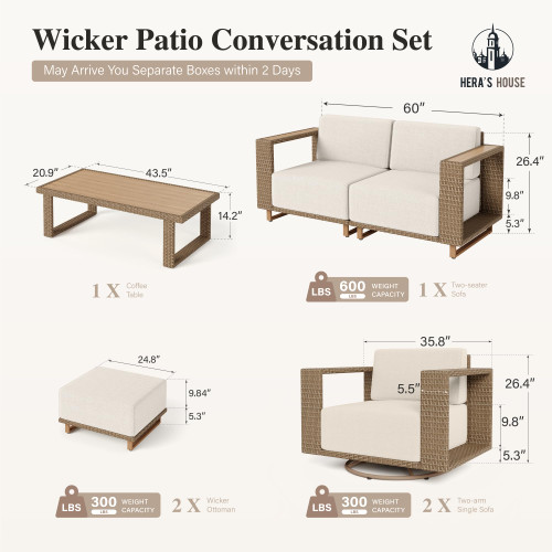 7 Pieces Patio Furniture Set, 2 Outdoor Sectional Rattan Sofas,2 Swivel Armchairs, 2 Ottomans, and 1 Table, All Weather Conversation Set with 5.3" Widened Armrest, 10" Ultra Thick Cushion