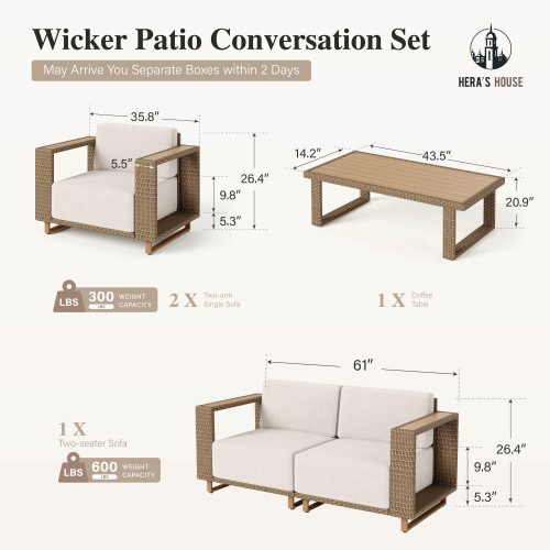 5 Pieces Sectional Outdoor Patio Furniture Set, Modular Patio Conversation Set with 2 All Weather Rattan Wicker Sofas with 5.3" Widened Armrest, 2 Comfy Armchairs, and 1 Coffee Table